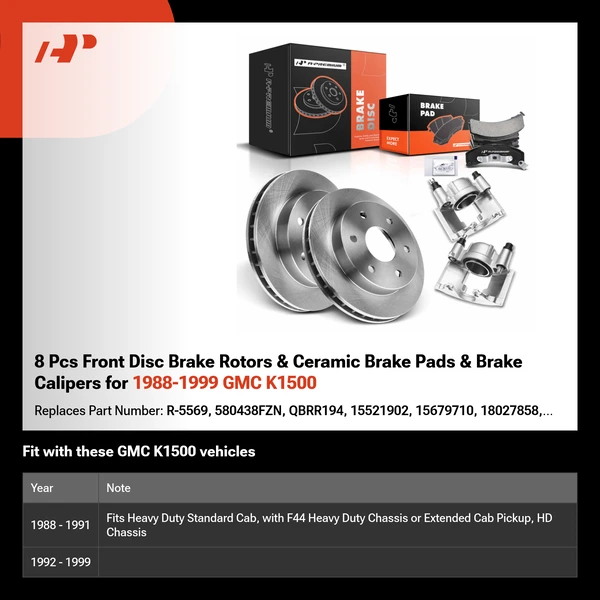 8 Pcs Front Disc Brake Rotors & Ceramic Brake Pads & Brake Calipers for 1988-1999 GMC K1500