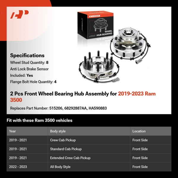 2 Pcs Front Wheel Bearing Hub Assembly for 2019-2023 Ram 3500