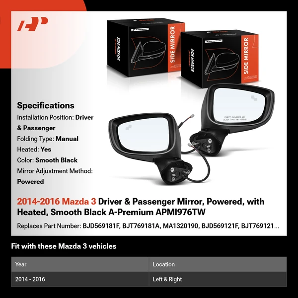 2014-2016 Mazda 3 Driver & Passenger Mirror, Powered, with Heated, Smooth Black A-Premium APMI976TW
