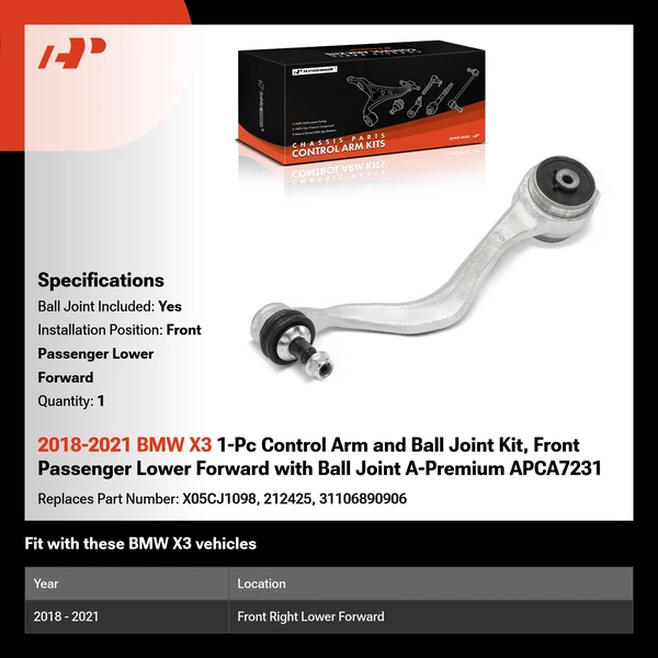 2018-2021 BMW X3 1-Pc Control Arm and Ball Joint Kit, Front Passenger Lower Forward with Ball Joint A-Premium APCA7231