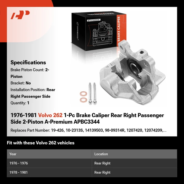 1976-1981 Volvo 262 1-Pc Brake Caliper Rear Right Passenger Side 2-Piston A-Premium APBC3344
