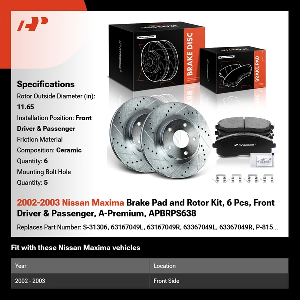 2002-2003 Nissan Maxima Brake Pad and Rotor Kit, 6 Pcs, Front Driver & Passenger, A-Premium, APBRPS638