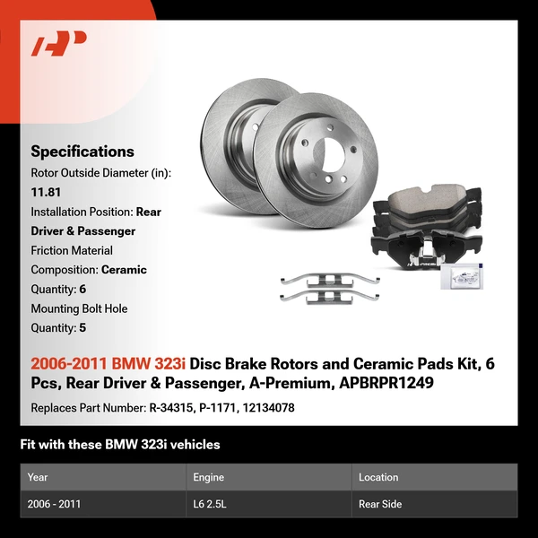 2006-2011 BMW 323i Disc Brake Rotors and Ceramic Pads Kit, 6 Pcs, Rear Driver & Passenger, A-Premium, APBRPR1249
