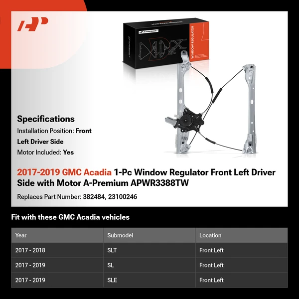 2017-2019 GMC Acadia 1-Pc Window Regulator Front Left Driver Side with Motor A-Premium APWR3388TW