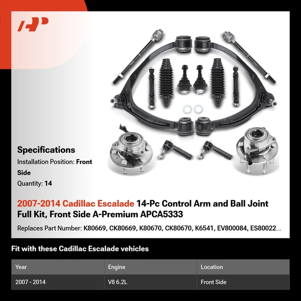 2007-2014 Cadillac Escalade 14-Pc Control Arm and Ball Joint Full Kit, Front Side A-Premium APCA5333
