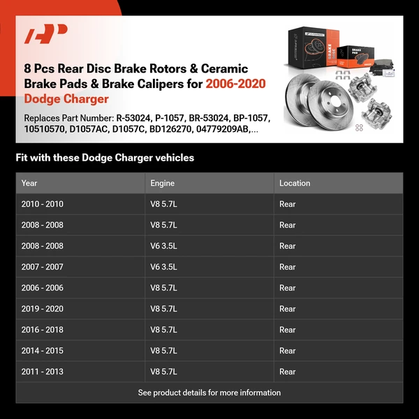 8 Pcs Rear Disc Brake Rotors & Ceramic Brake Pads & Brake Calipers for 2006-2020 Dodge Charger