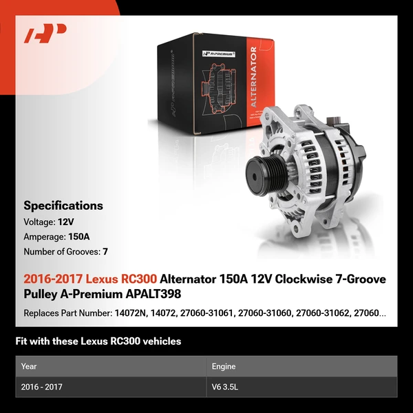 2016-2017 Lexus RC300 Alternator 150A 12V Clockwise 7-Groove Pulley A-Premium APALT398