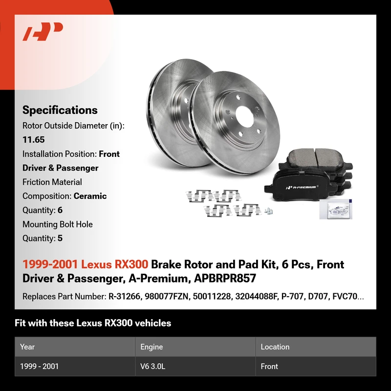 1999-2001 Lexus RX300 Brake Rotor and Pad Kit, 6 Pcs, Front Driver & Passenger, A-Premium, APBRPR857
