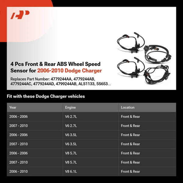 4 Pcs Front & Rear ABS Wheel Speed Sensor for 2006-2010 Dodge Charger