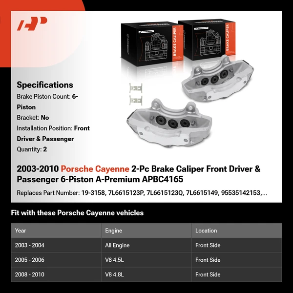2003-2010 Porsche Cayenne 2-Pc Brake Caliper Front Driver & Passenger 6-Piston A-Premium APBC4165