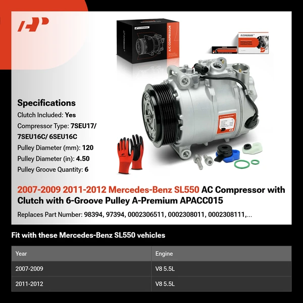 2007-2009 2011-2012 Mercedes-Benz SL550 AC Compressor with Clutch with 6-Groove Pulley A-Premium APACC015
