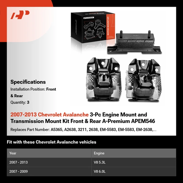 2007-2013 Chevrolet Avalanche 3-Pc Engine Mount and Transmission Mount Kit Front & Rear A-Premium APEM546