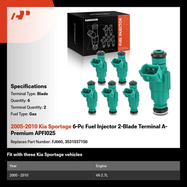2005-2010 Kia Sportage 6-Pc Fuel Injector 2-Blade Terminal A-Premium APFI025