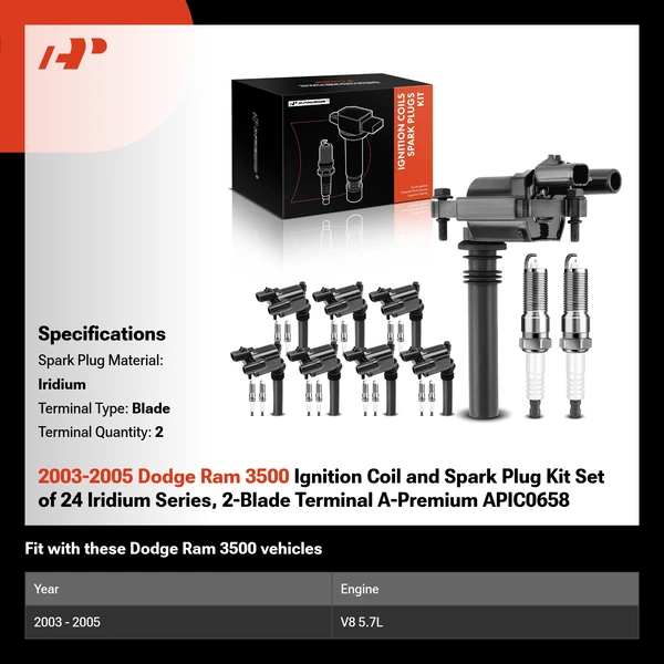 2003-2005 Dodge Ram 3500 Ignition Coil and Spark Plug Kit Set of 24 Iridium Series, 2-Blade Terminal A-Premium APIC0658