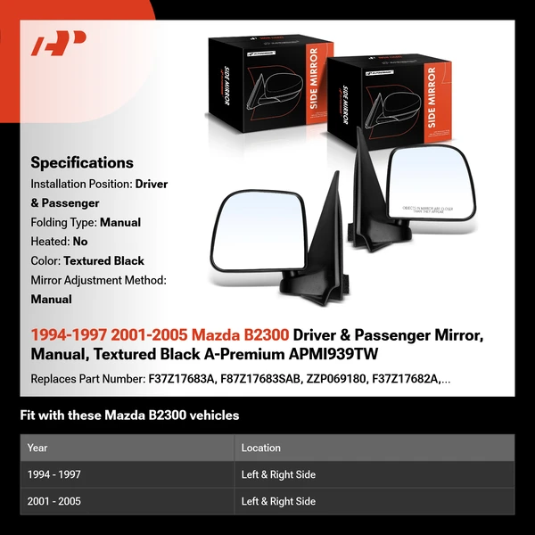 1994-1997 2001-2005 Mazda B2300 Driver & Passenger Mirror, Manual, Textured Black A-Premium APMI939TW