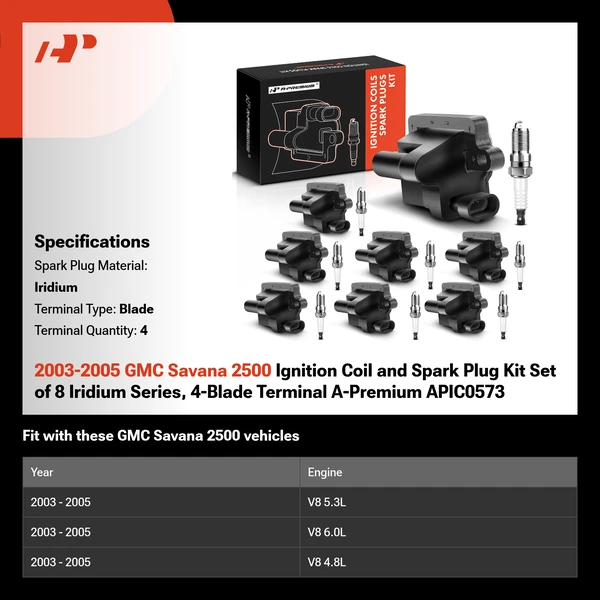 2003-2005 GMC Savana 2500 Ignition Coil and Spark Plug Kit Set of 8 Iridium Series, 4-Blade Terminal A-Premium APIC0573