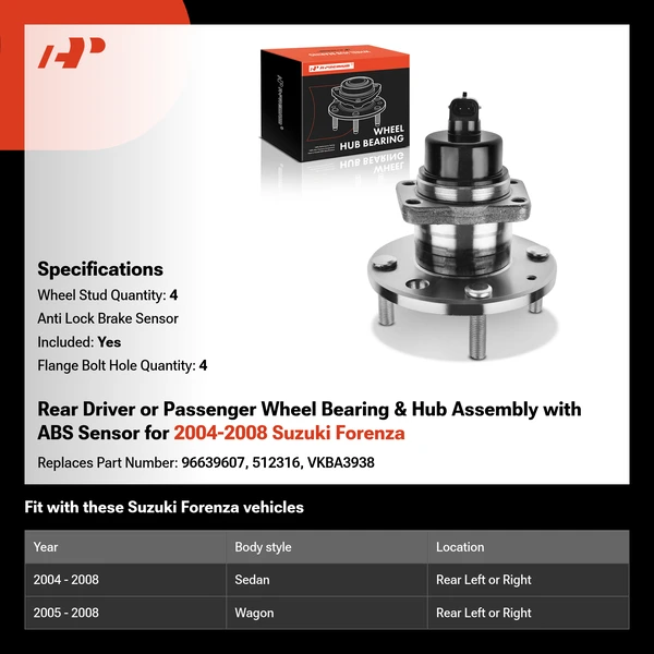 Rear Driver or Passenger Wheel Bearing & Hub Assembly with ABS Sensor for 2004-2008 Suzuki Forenza