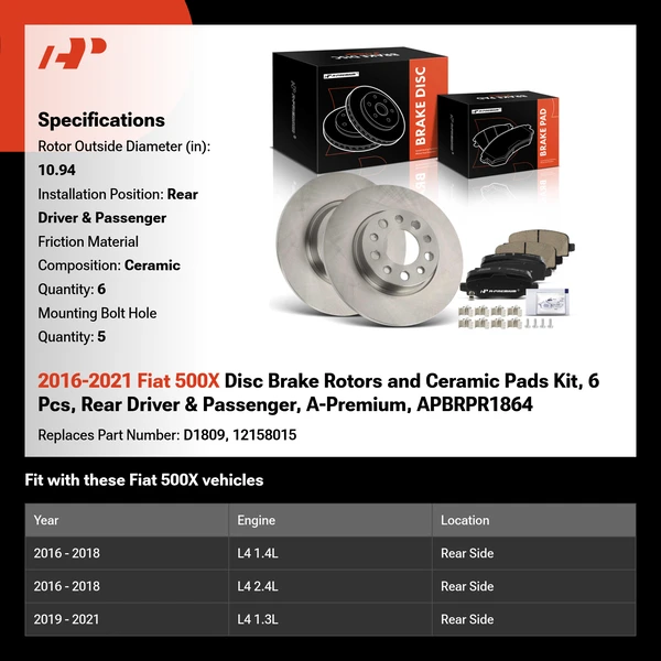 2016-2021 Fiat 500X Disc Brake Rotors and Ceramic Pads Kit, 6 Pcs, Rear Driver & Passenger, A-Premium, APBRPR1864