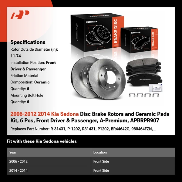 2006-2012 2014 Kia Sedona Disc Brake Rotors and Ceramic Pads Kit, 6 Pcs, Front Driver & Passenger, A-Premium, APBRPR907