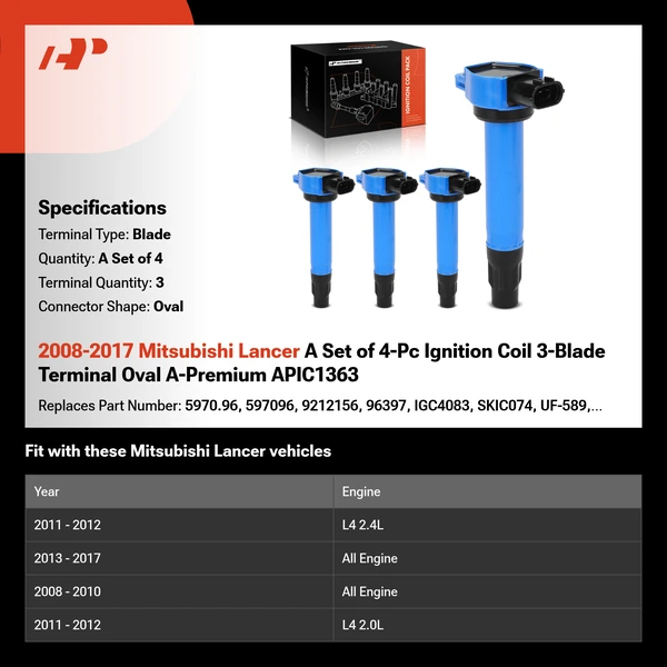 2008-2017 Mitsubishi Lancer A Set of 4-Pc Ignition Coil 3-Blade Terminal Oval A-Premium APIC1363