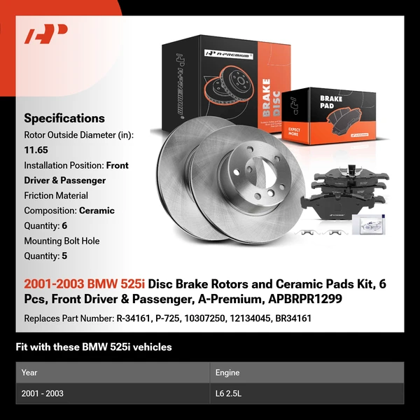 2001-2003 BMW 525i Disc Brake Rotors and Ceramic Pads Kit, 6 Pcs, Front Driver & Passenger, A-Premium, APBRPR1299