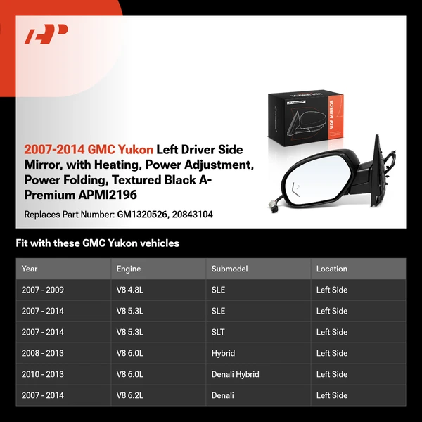 2007-2014 GMC Yukon Left Driver Side Mirror, with Heating, Power Adjustment, Power Folding, Textured Black A-Premium APMI2196