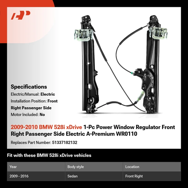 2009-2010 BMW 528i xDrive 1-Pc Power Window Regulator Front Right Passenger Side Electric A-Premium WR0110