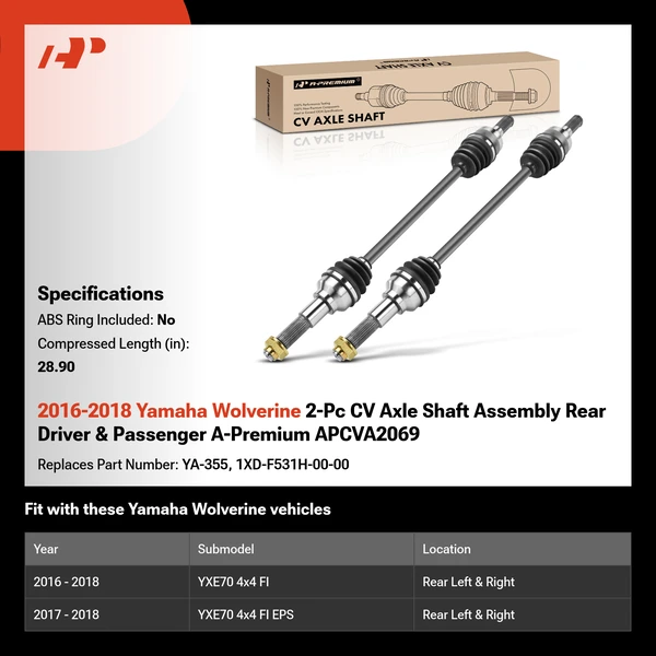 2016-2018 Yamaha Wolverine 2-Pc CV Axle Shaft Assembly Rear Driver & Passenger A-Premium APCVA2069