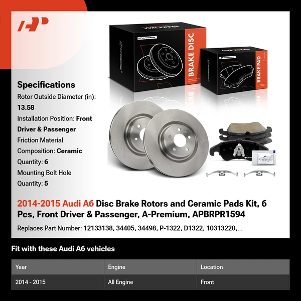 2014-2015 Audi A6 Disc Brake Rotors and Ceramic Pads Kit, 6 Pcs, Front Driver & Passenger, A-Premium, APBRPR1594