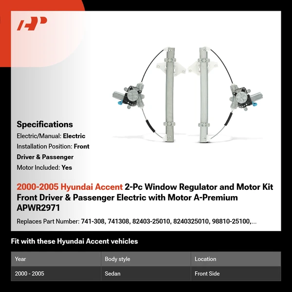 2000-2005 Hyundai Accent 2-Pc Window Regulator and Motor Kit Front Driver & Passenger Electric with Motor A-Premium APWR2971