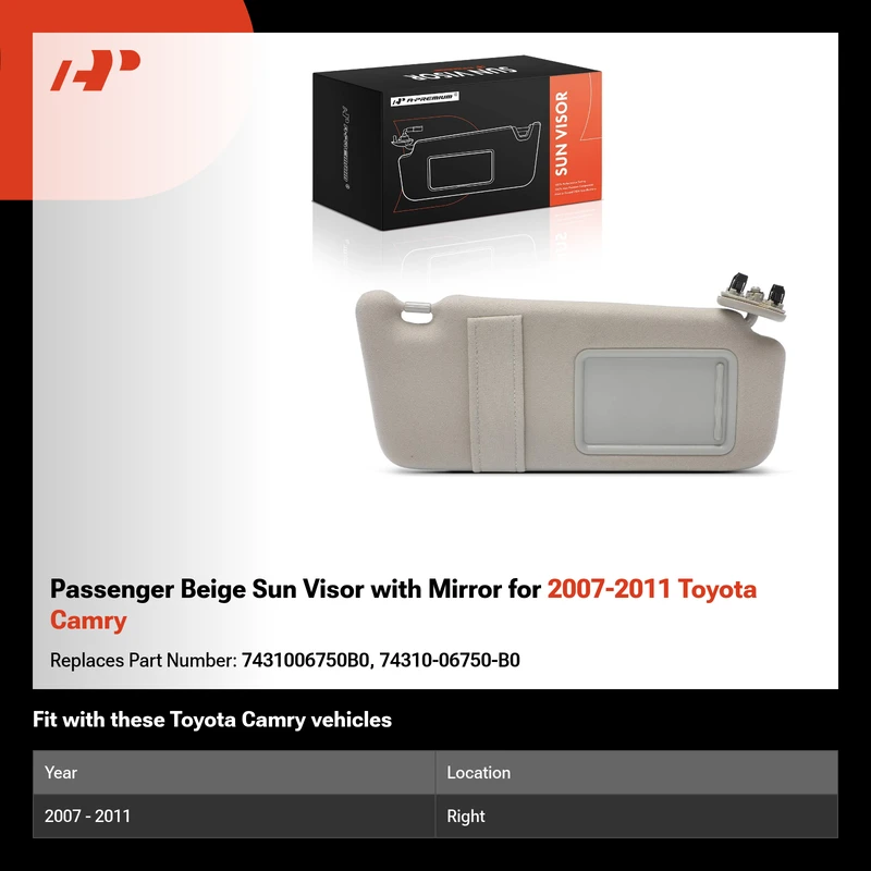 Passenger Beige Sun Visor with Mirror for 2007-2011 Toyota Camry