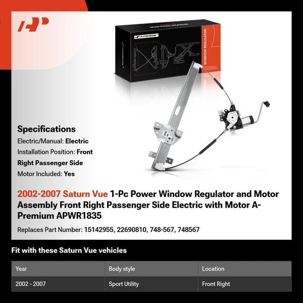 2002-2007 Saturn Vue 1-Pc Power Window Regulator and Motor Assembly Front Right Passenger Side Electric with Motor A-Premium APWR1835