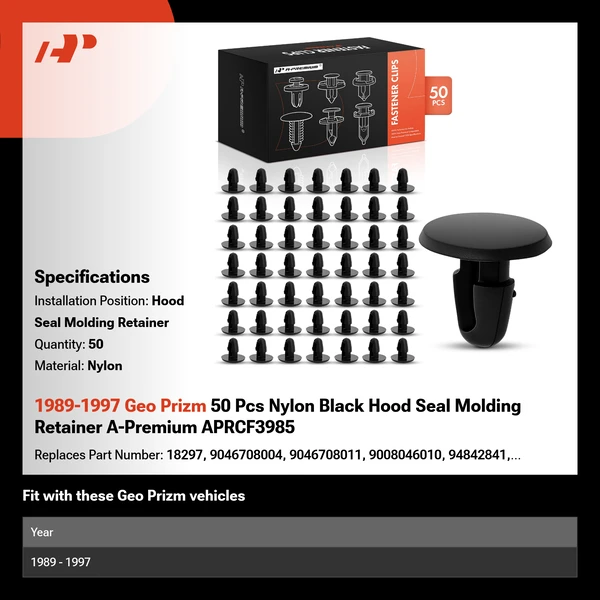 1989-1997 Geo Prizm 50 Pcs Nylon Black Hood Seal Molding Retainer A-Premium APRCF3985