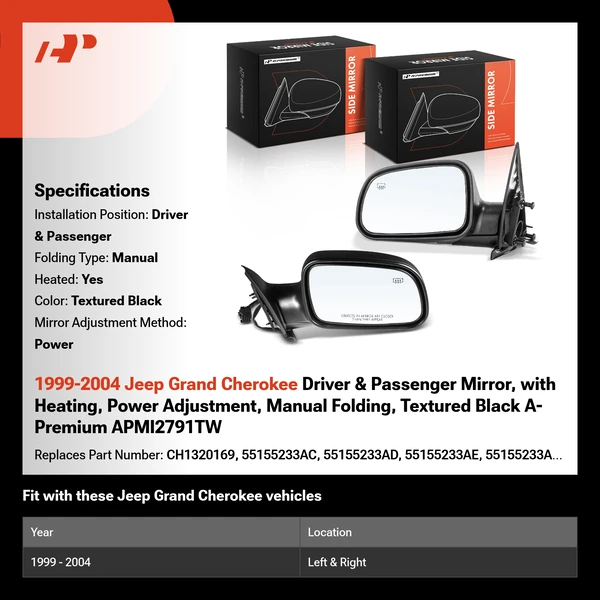 1999-2004 Jeep Grand Cherokee Driver & Passenger Mirror, with Heating, Power Adjustment, Manual Folding, Textured Black A-Premium APMI2791TW