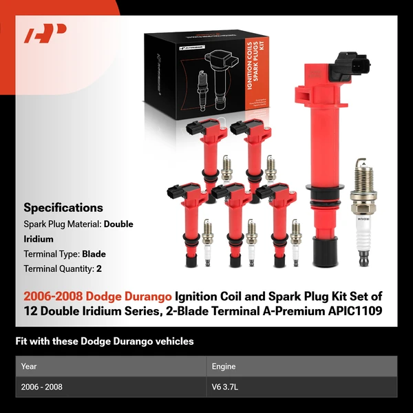 2006-2008 Dodge Durango Ignition Coil and Spark Plug Kit Set of 12 Double Iridium Series, 2-Blade Terminal A-Premium APIC1109
