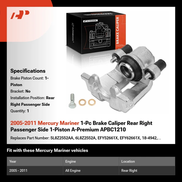 2005-2011 Mercury Mariner 1-Pc Brake Caliper Rear Right Passenger Side 1-Piston A-Premium APBC1210