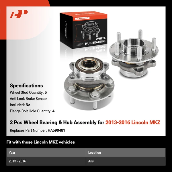 2 Pcs Wheel Bearing & Hub Assembly for 2013-2016 Lincoln MKZ