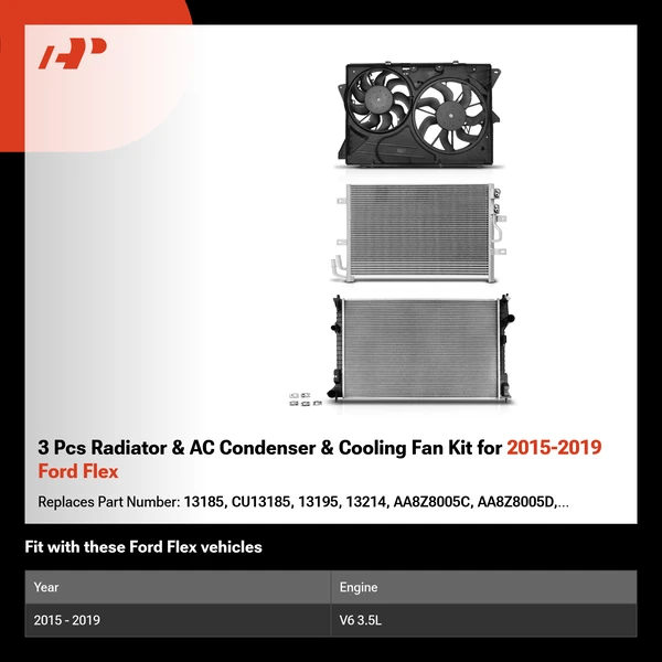 3 Pcs Radiator & AC Condenser & Cooling Fan Kit for 2015-2019 Ford Flex
