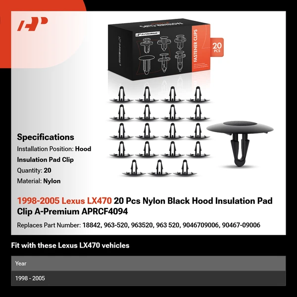 1998-2005 Lexus LX470 20 Pcs Nylon Black Hood Insulation Pad Clip A-Premium APRCF4094