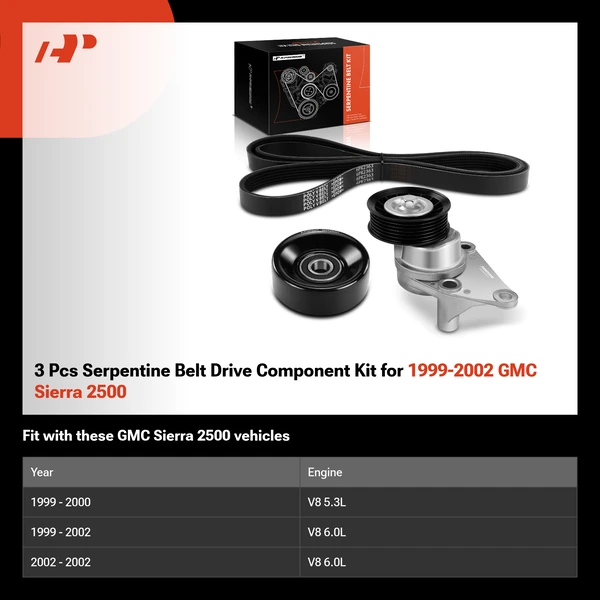 3 Pcs Serpentine Belt Drive Component Kit for 1999-2002 GMC Sierra 2500