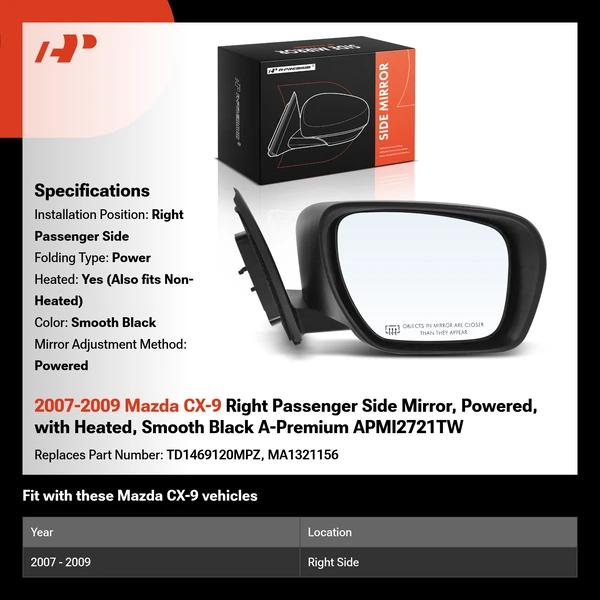 2007-2009 Mazda CX-9 Right Passenger Side Mirror, Powered, with Heated, Smooth Black A-Premium APMI2721TW