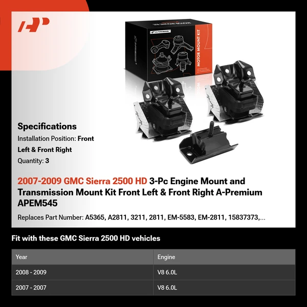 2007-2009 GMC Sierra 2500 HD 3-Pc Engine Mount and Transmission Mount Kit Front Left & Front Right A-Premium APEM545