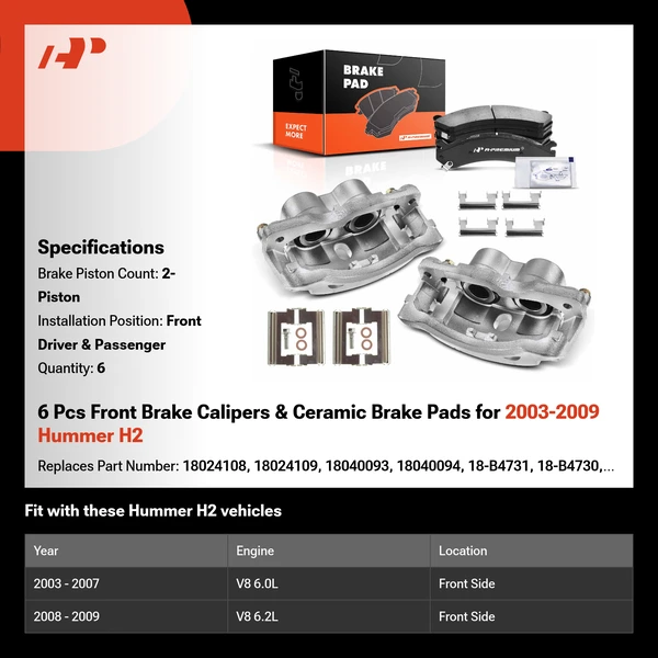 6 Pcs Front Brake Calipers & Ceramic Brake Pads for 2003-2009 Hummer H2