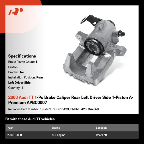 2000 Audi TT 1-Pc Brake Caliper Rear Left Driver Side 1-Piston A-Premium APBC0007