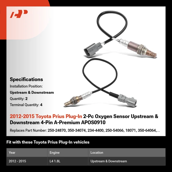 2012-2015 Toyota Prius Plug-In 2-Pc Oxygen Sensor Upstream & Downstream 4-Pin A-Premium APOS0910