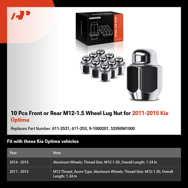 10 Pcs Front or Rear M12-1.5 Wheel Lug Nut for 2011-2015 Kia Optima