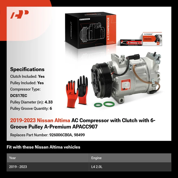 2019-2023 Nissan Altima AC Compressor with Clutch with 6-Groove Pulley A-Premium APACC907