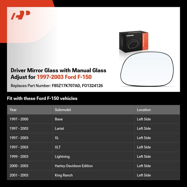 Driver Mirror Glass with Manual Glass Adjust for 1997-2003 Ford F-150