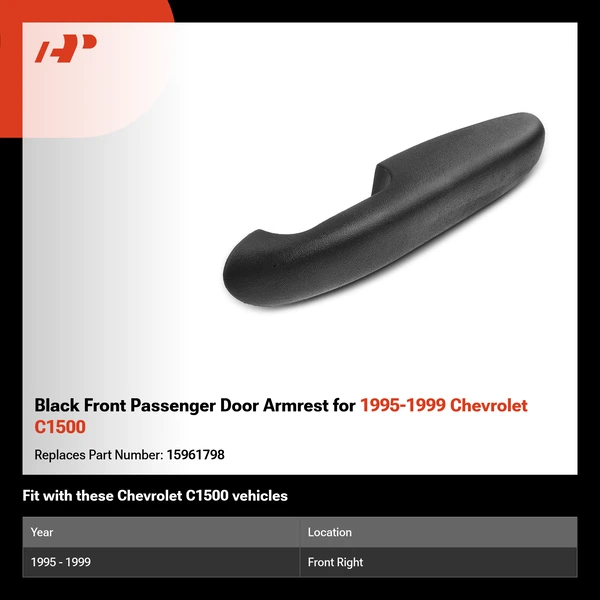 Black Front Passenger Door Armrest for 1995-1999 Chevrolet C1500