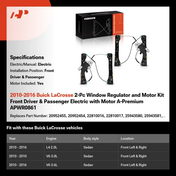 2010-2016 Buick LaCrosse 2-Pc Window Regulator and Motor Kit Front Driver & Passenger Electric with Motor A-Premium APWR0861